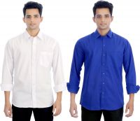 Atmosphere Men's Solid Formal White, Dark Blue Shirt(Pack of 2)