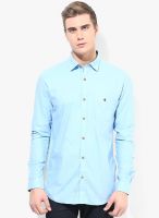 British Club Blue Solid Slim Fit Casual Shirt