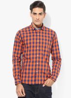 British Club Orange Checks Slim Fit Casual Shirt