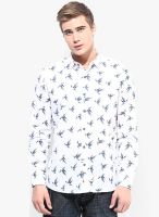 British Club White Printed Slim Fit Casual Shirt