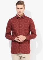 Jack & Jones Maroon Printed Slim Fit Casual Shirt