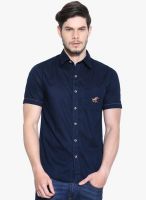 Jogur Navy Blue Solid Slim Fit Casual Shirt