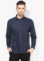 Monteil & Munero Navy Blue Solid Slim Fit Casual Shirt