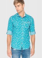 Mufti Aqua Blue Printed Casual Shirt