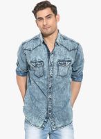 Mufti Blue Washed Slim Fit Casual Shirt