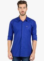 R&C Blue Solid Slim Fit Casual Shirt