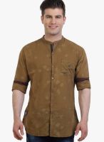 R&C Brown Printed Slim Fit Casual Shirt