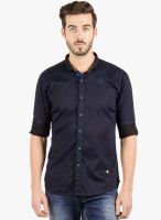 R&C Navy Blue Solid Slim Fit Casual Shirt