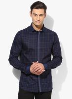 Sisley Navy Blue Checked Slim Fit Casual Shirt