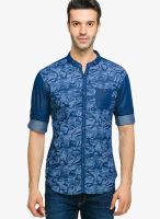 Status Quo Blue Printed Denim Regular Fit Casual Shirt