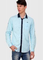 The Indian Garage Co. Aqua Blue Printed Slim Fit Casual Shirt