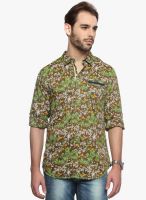 The Indian Garage Co. Olive Printed Slim Fit Casual Shirt