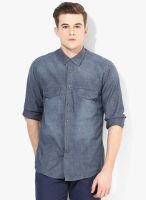 V Dot Blue Solid Slim Fit Casual Shirt