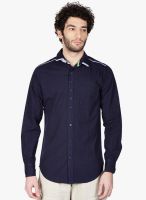 Vintage Navy Blue Solid Slim Fit Casual Shirt