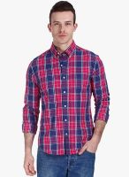 Zobello Navy Blue Checked Slim Fit Casual Shirt