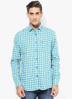 British Club Aqua Blue Checks Slim Fit Casual Shirt
