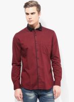 British Club Maroon Solid Slim Fit Casual Shirt