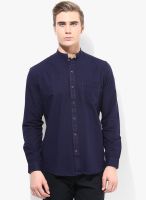 British Club Navy Blue Solid Slim Fit Casual Shirt