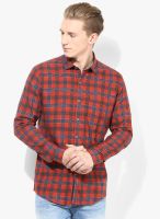 British Club Orange Checks Slim Fit Casual Shirt