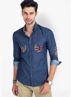 Mr Button Solid Blue Casual Shirt