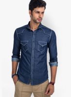 Mr Button Solid Blue Casual Shirt