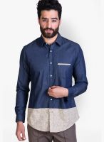 Mr Button Solid Blue Casual Shirt
