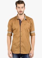 R&C Khaki Solid Slim Fit Casual Shirt