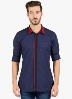 R&C Navy Blue Solid Slim Fit Casual Shirt