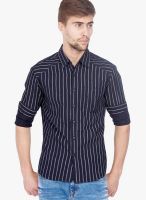 Slub Navy Blue Striped Slim Fit Casual Shirt