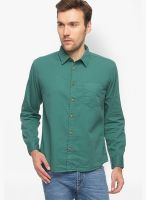 Slub Solid Green Casual Shirt