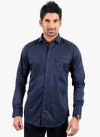 Solemio Navy Blue Solid Slim Fit Casual Shirts