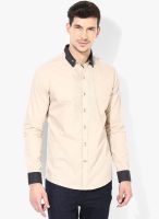 The Design Factory Beige Solid Slim Fit Casual Shirt