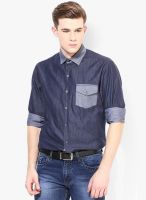 The Design Factory Blue Solid Slim Fit Casual Shirt