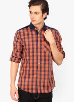 The Indian Garage Co. Checks Navy Blue/Orange Casual Shirt