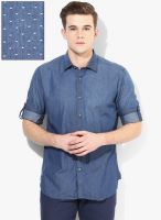 V Dot Blue Slim Fit Casual Shirt