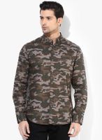 V Dot Khaki Solid Slim Fit Casual Shirt