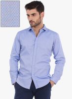 Basics Blue Printed Slim Fit Casual Shirt