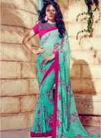 Inddus Aqua Blue Printed Saree