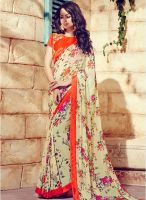 Inddus Cream Printed Saree