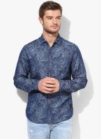 Locomotive Navy Blue Printed Slim Fit Casual Shirt