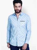 Mr Button Printed Aqua Blue Casual Shirt