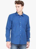 Orange Valley Navy Blue Checked Slim Fit Casual Shirt