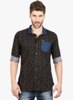 R&C Black Printed Slim Fit Casual Shirt