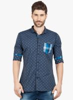 R&C Blue Printed Slim Fit Casual Shirt