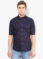 Selected Navy Blue Solid Slim Fit Casual Shirt