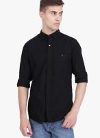 Slub Solid Black Casual Shirt