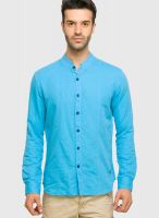 Status Quo Aqua Blue Linen Regular Fit Casual Shirt