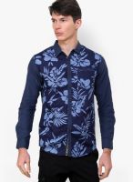 The Indian Garage Co. Blue Printed Slim Fit Casual Shirt