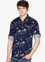 The Indian Garage Co. Navy Blue Printed Slim Fit Casual Shirt