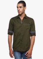 The Indian Garage Co. Olive Solid Slim Fit Casual Shirt